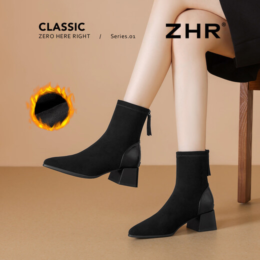 ZHR short boots women's retro thin women's boots winter plus velvet thick high heel suede ankle boots pointed toe elastic boots BL652A black 38