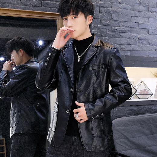 MGOLCPS men's leather jacket autumn and winter velvet thick Korean version trendy handsome suit leather jacket leather jacket motorcycle suit men's black ZW8937 non-velvet M