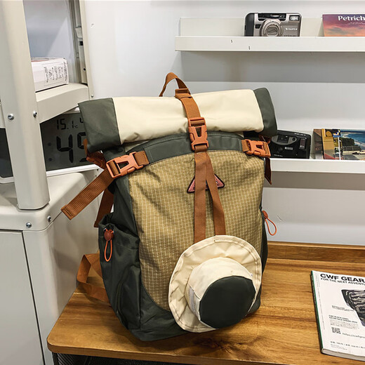 Ershanji Sports Outdoor Hiking Mountain Cycling Motorcycle Backpack Folding Roll Top Backpack Men's Functional Wind Travel Backpack Outdoor Mountaineering Bag Green - Double Back