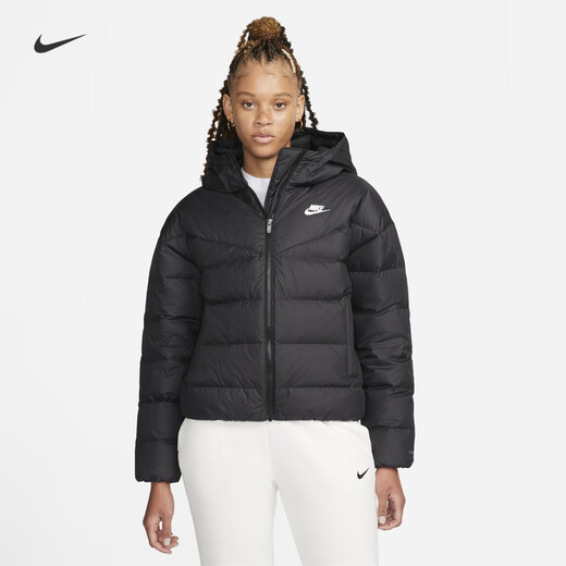 Nike Women's Windproof Down Jacket Hooded Jacket Winter Warm Printed Water-Repellent Jacket NIKE DQ5904 010 Black/Black/White S
