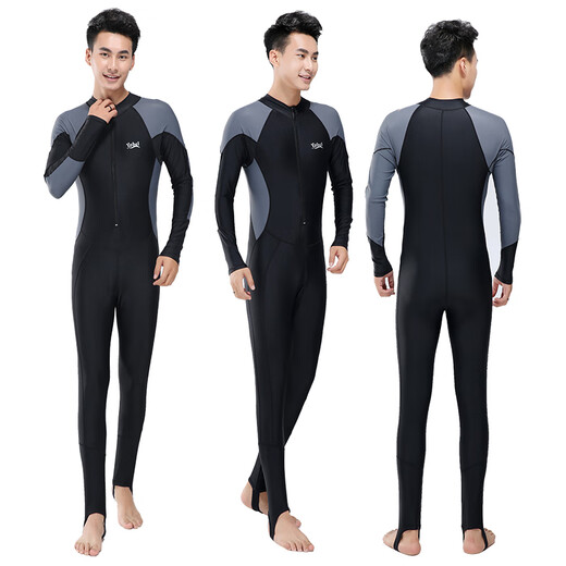 Wetsuit Men's One-piece Jellyfish Suit Long Sleeve Long Pants Snorkeling Whole Body Sunscreen Quick-Drying Warm Swimsuit Large Size Winter Swimming Black and Gray Long Sleeve + Swimming Cap + Swimming Goggles + Earplugs Nose Clip + Swimming Bag M Recommended 98-115Jin Jin is equal to 0.5kg