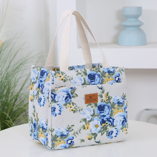 Canvas bag, thickened and sturdy handbag, portable zipper for going out, portable aluminum foil insulation layer, lunch box bag, lunch bag, green flower handbag + thermal insulation