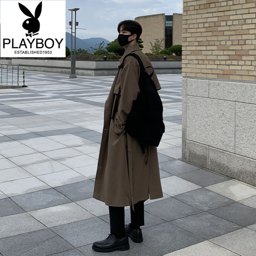 Playboy (PLAYBOY) British style windbreaker drapey mid-length coat men's spring and autumn thin coffee color Crusu coat coffee color S