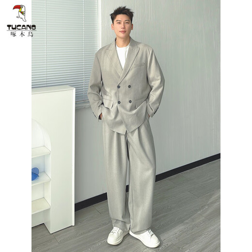 Woodpecker (TUCANO) double-breasted suit suit men's spring and autumn Korean style handsome casual suit loose jacket trend apricot gray suit L recommended 135-155 Jin Jin equals about 0.5 kg