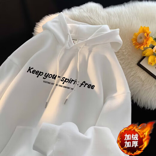 Velvet thickened American sweatshirt for men, autumn and winter trendy brand hooded jacket, youth loose high street versatile clothes, apricot plus velvet L