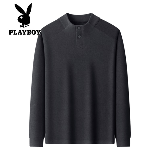 Playboy autumn and winter new Henry collar German velvet long-sleeved T-shirt for young and middle-aged men two-button stand-up collar casual bottoming shirt sweatshirt for men black gray S 165