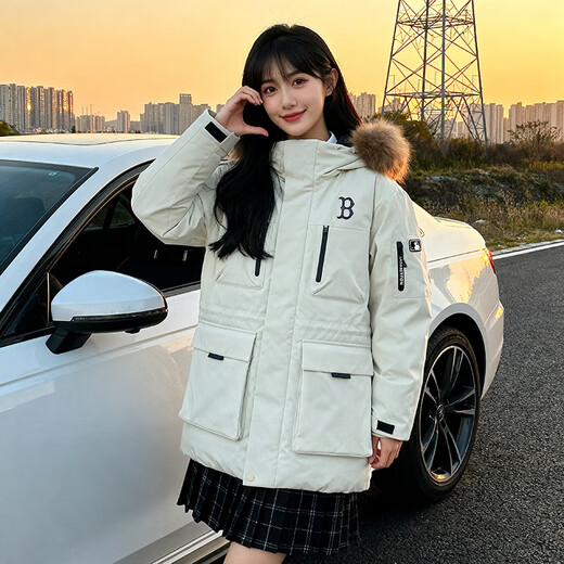 MLB official men's and women's big fur collar down jacket 26 spring new trendy warm logo jacket 3ADJB0656 Boston team/dark cream/recommended to order one size smaller XL 180/100A