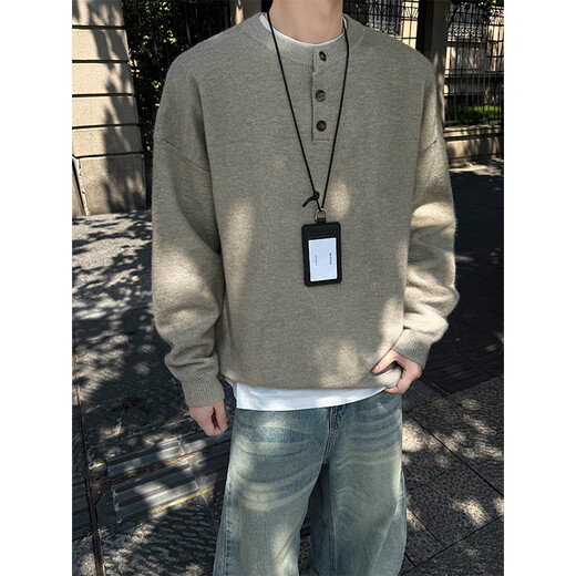 Zhiwei cleanfit Henry collar long-sleeved knitted sweatshirt men's autumn and winter new American retro warm base shirt clothes white flower gray XL recommended 135-150Jin Jin equals 0.5 kg