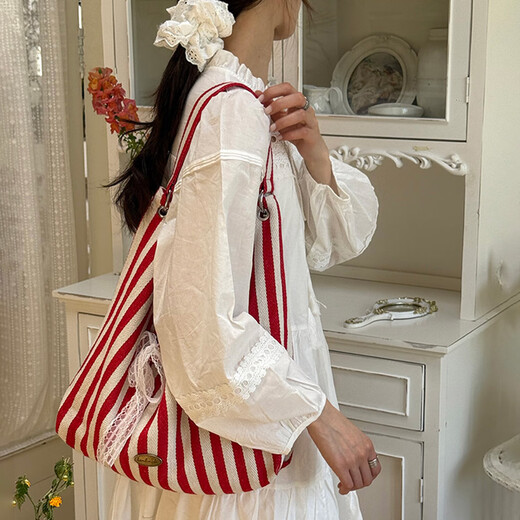 卡汐沐 条纹帆布包包女通勤斜挎包女韩国字母印花双面单肩包学生上课包 双面帆布包【红色条纹】