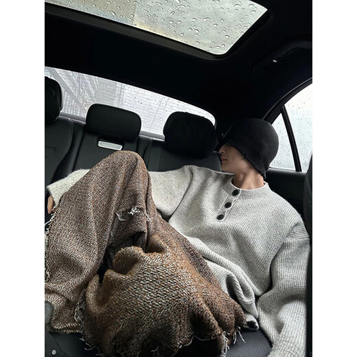 POUM men's joint Henry collar sweater men's American lazy style retro high-end loose woolen sweater jacket men JCF-909 gray XL