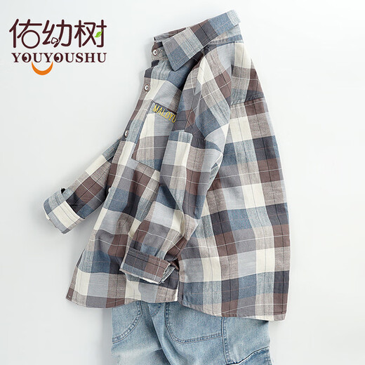 Children's clothing boys' long-sleeved shirts children's plaid shirt spring new style medium and large children's Korean style spring and autumn tops trendy light blue plaid 160 cm