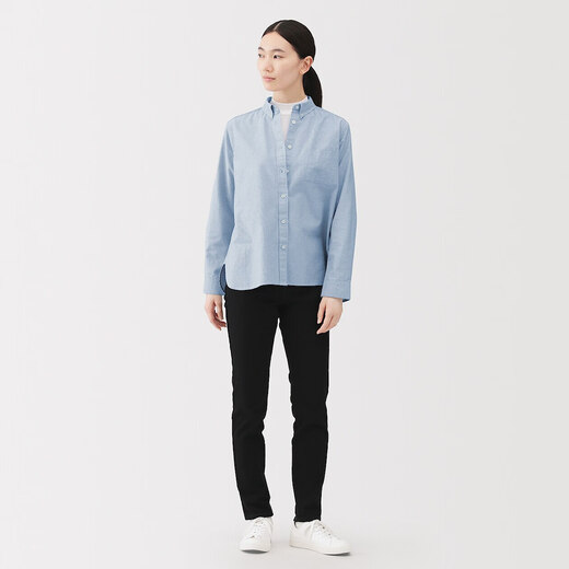 MUJI Women's Cotton Washed Oxford Button Collar Long Sleeve Shirt Saxony Blue L
