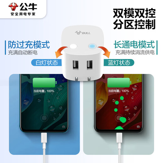 Bull anti-overcharge USB Rubik's Cube socket / automatic power-off charger strip when the mobile phone is full / intelligent anti-overcharge strip and timing charger drag strip multi-function charging plug Wireless anti-overcharge plug U212T Yunduo White