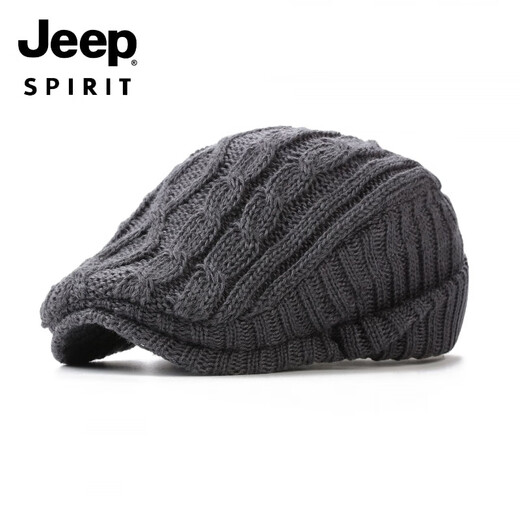 JEEP knitted woolen hat British beret women's versatile forward hat ear protection plus velvet warm men's peaked cap autumn and winter dark gray M (56-58cm)
