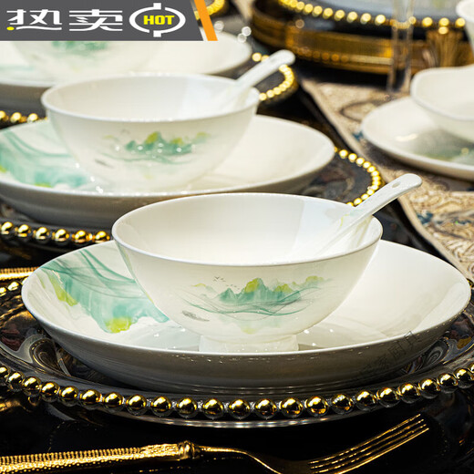 Jingdezhen (jdz) Tangshan bone china rice bowl household soup bowl noodle bowl ceramic bowls and plates tableware housewarming gift bowls and chopsticks set Hidden Green Mountain - 4.5-inch golden bell bowl 10 pieces