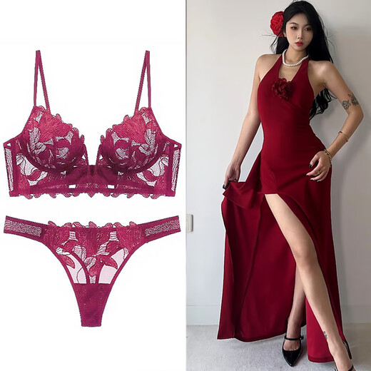 Victoria Palace Sexy Bra Set High-end Underwear Women's French Lace Bra Thin Push-Up Underwear Bra Wine Red Set 75A M/34BC Cup