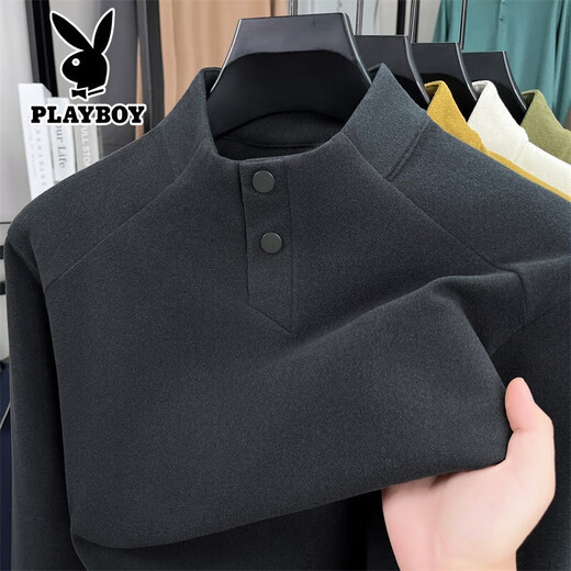 Playboy autumn and winter new Henry collar German velvet long-sleeved T-shirt for young and middle-aged men two-button stand-up collar casual bottoming shirt sweatshirt for men black gray S 165