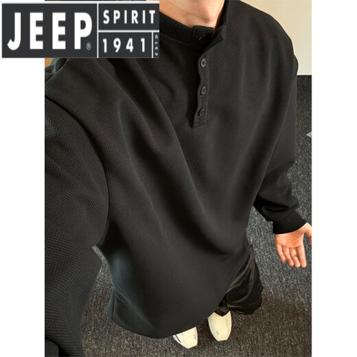 JEEP SPIRIT Light Luxury 2025 Spring and Autumn Feeling Waffle Henley Collar Long Sleeve Shirt for Men in Spring Lazy Style Sweater, Black 3XL