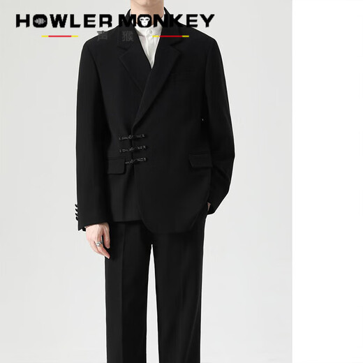 Sound Monkey New Chinese Style Pan Button Zhongshan Suit Jacket Men's Engagement Groom Wedding Suit Suit Dress Large Size Fat Man Suit Jacket+White Shirt+Black Suit Pants XL 115-130Jin Jin equals 0.5 kg