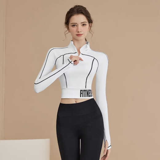 Youyou Yoga Wear Top New Jacket Sports Fitness Long Sleeve Top Slim Fashion Pilates Training Yoga Suit White Top + Black Striped Pants Thin Velvet S
