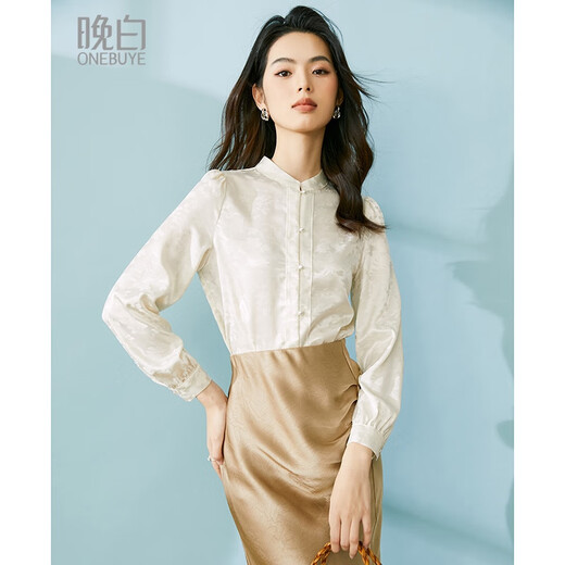 Late White New Chinese Style Satin Jacquard Shirt Women's 2025 Autumn New Design Commuting Versatile Shoulder Shirt Top Apricot XL