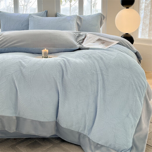 Mercury series home textile high-end carved milk velvet four-piece set 2025 winter new thickened warm coral velvet plus baby blue + star gray bed sheet style 1.8m four-piece set