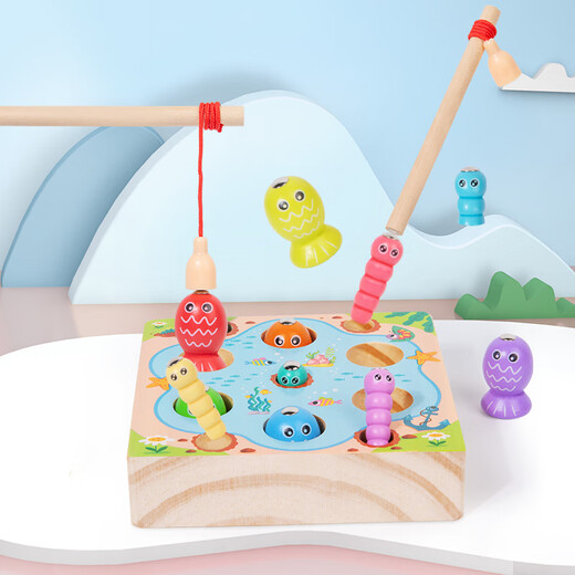 Sangetian Children's Magnetic Fishing Toy Early Education Enlightenment Magnetic Absorption Wooden Fish Catching Insect Parent-Child Hand-Eye Coordination Fine Movement Fun Fishing Insect Catching Game (Solid Wood Thick Bottom)