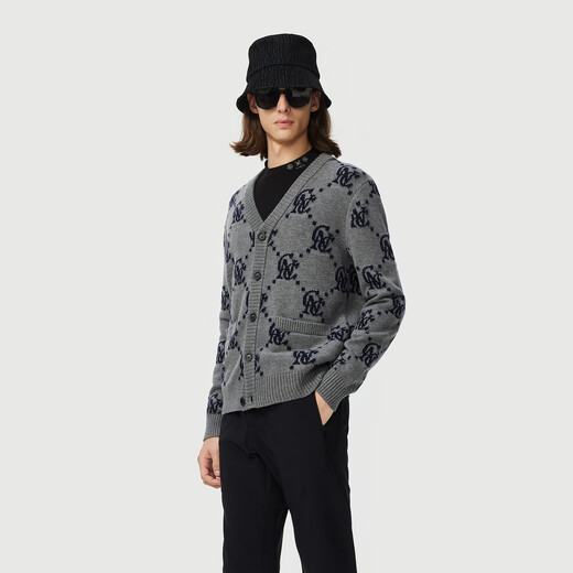 C N C light luxury men's sheep wool cardigan autumn and winter full bottom logo warm sweater jacket top gray pattern M /50/(175/92A)