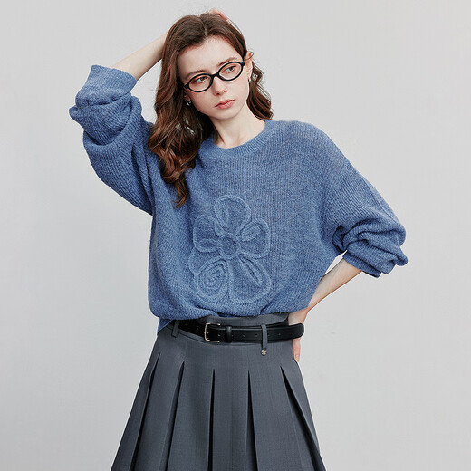 Chuyu three-dimensional floral knitted sweater for women 2025 autumn and winter new style dopamine mohair lazy top haze blue M