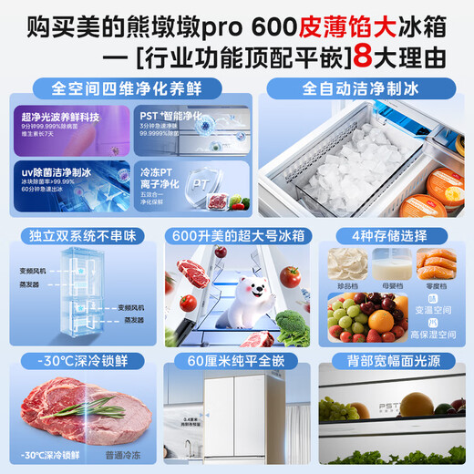 Midea Xiong Dundun Pro600 French multi-door four-door dual-system embedded sterilization first-class energy-efficiency ice-making household refrigerator national subsidy BCD-600WUFIPZM (E) white