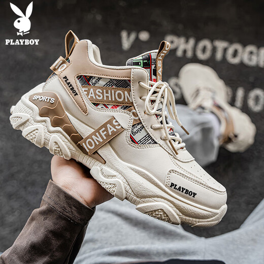 Playboy (PLAYBOY) dad shoes men's shoes 2025 autumn and winter casual shoes men's thick-soled high-top fashion sneakers trendy beige 42