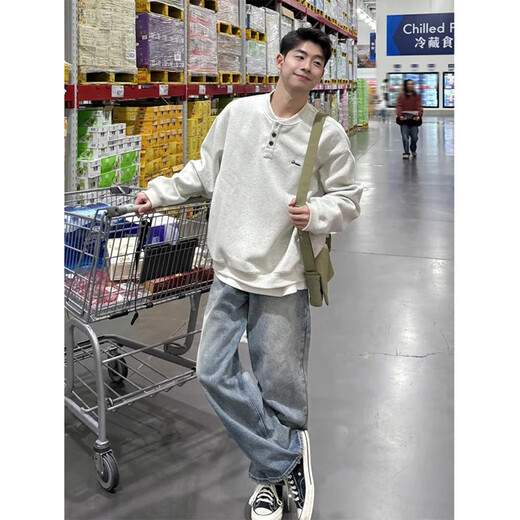 Du Xiaoxian Henry collar sweatshirt men's spring and autumn hoodless American cleanfit bottoming shirt loose trendy brand long-sleeved T-shirt inside white flower gray 2XL recommended 140-160Jin Jin equals 0.5 kg