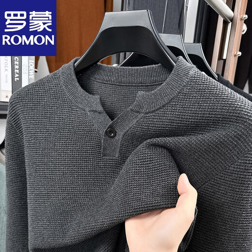 Romon Autumn New Henry Collar Cotton Long Sleeve Men's Knitted Sweater Solid Color 2025 Pineapple Pattern Textured T-Shirt Men Black XL -140-160Jin Jin is equal to 0.5 kg