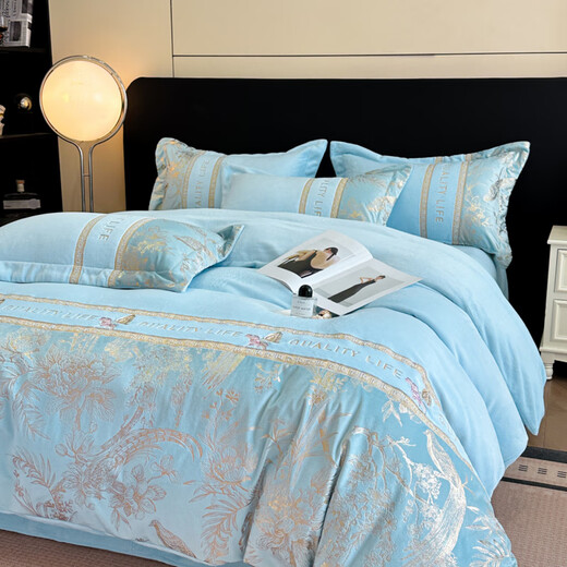 Nanjiren (Nanjiren) high-end milk velvet four-piece set double-sided velvet coral velvet embroidered duvet cover double winter thickened baby velvet duvet cover Dielianhua-Sky Blue Thick velvet non-shedding bed sheet 1.8m four-piece set-duvet cover 200x230cm