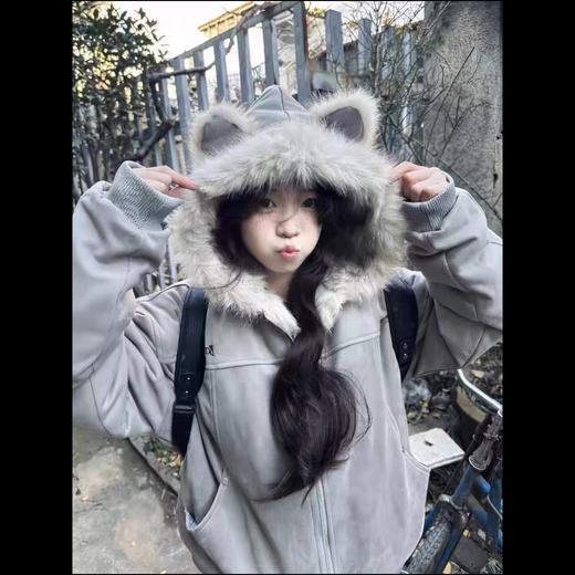 Yifansha cotton coat for women winter mountain sculpture cat ear fur collar hooded down jacket women short suede plush thickened jacket gray one size (please contact customer service to note the size)
