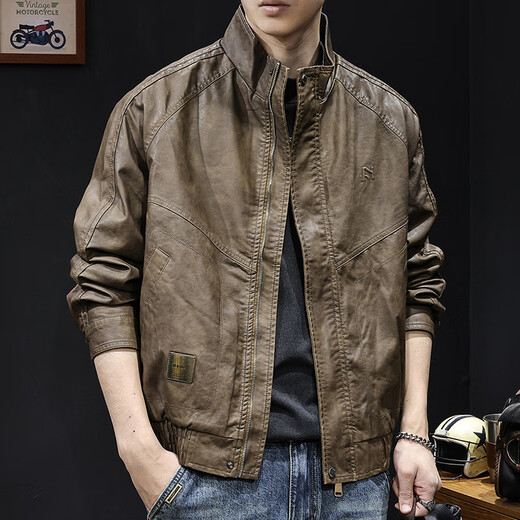 Luo Meng high-end motorcycle leather jacket men's spring and autumn 2025 new men's short PU clothes American fashion brand brown regular style XL suitable for 140-160 Jin Jin equals 0.5 kg