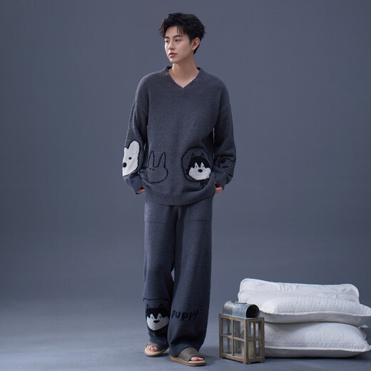 Princess Mark Half Velvet Couple Pajamas for Women in Autumn and Winter Cute Puppy Thickened Plush Wearable Home Clothes for Men BBRSZ906-Couples Men's XL