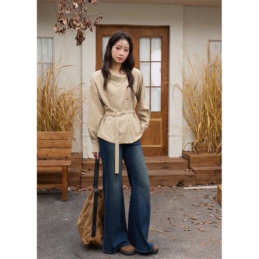 Mystery Show New Khaki Waist Shirt 2025 Winter Belt Design Asymmetric Retro Brushed Thickened Shirt Khaki Check S