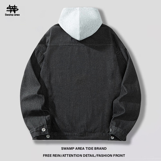 SWAMP AREA men's hooded denim jacket autumn and winter American retro loose couple casual jacket SWC11 black XL