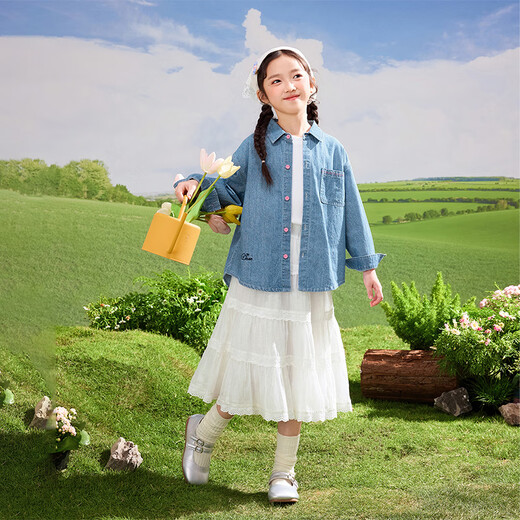 Xiaoyinman Girls Denim Shirt Logo Embroidery 2025 Spring Fashion Casual Jacket for Middle-aged and Little Girls