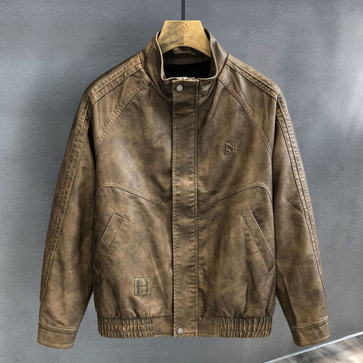 German high-durability washed handsome motorcycle PU leather jacket men's spring and autumn style American windproof leather jacket for men brown handsome loose version 3XL 3XL recommended weight 145-160Jin Jin is equal to 0.5 kg