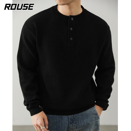 Lords Sweater Men's American Henley Collar Cotton Knitted Sweater Men's Autumn and Winter Retro Round Neck Casual Warm Bottoming Shirt Men Black M Recommended 100-115Jin Jin equals 0.5 kg