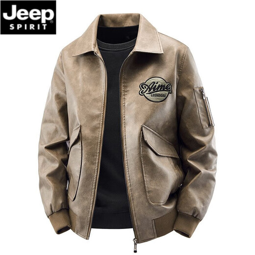 JEEP SPIRIT New Genuine Leather Jacket Men's Spring and Autumn Coat Lapel Korean Style Casual Loose Trendy Spring and Autumn Casual Men's Jacket Q Brown Regular XL 125-140Jin Jin is equal to 0.5 kg