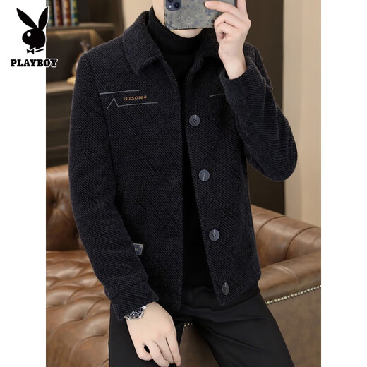 Playboy Winter Warm Plus Velvet Thick Woolen Jacket Men's Slim Casual Lapel Jacket Winter Short Woolen Coat Gray # Velvet L 110-130