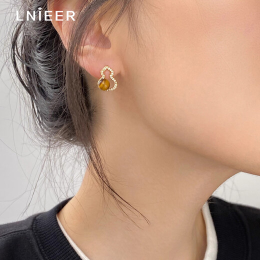 Lnieer925 silver needle tiger eye stone earrings without pierced ears clip gourd earrings high-end Maillard autumn and winter versatile earrings tiger eye stone gourd earrings 925 silver needle