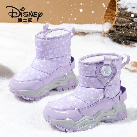 Disney Children's Cotton Shoes Winter Velvet Thickened Snow Boots Outdoor Cold-proof Mid-calf Large Cotton Shoes Purple 33