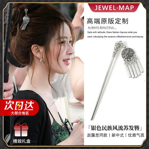 Zhao Lusi and Xu Yan's same style tassel hairpin, new Chinese style ancient style Hanfu updo headwear, daily wear for senior women, silver ethnic style tassel hairpin