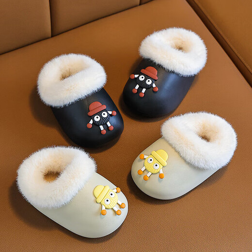 Children's cotton slippers for autumn and winter outer wear cartoon briquettes for girls and boys indoor home warm bags with cotton shoes waterproof khaki-small briquettes waterproof thick velvet 18 (28-29) shoe inner length 18cm/foot length 17