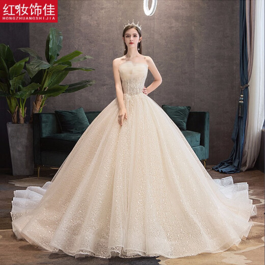 Red makeup best 2022 new forest style trailing light wedding dress bride wedding princess starry sky tube top wedding dress for women champagne color trailing M