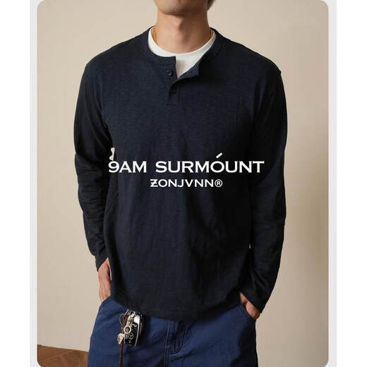 PUGESI Bamboo Cotton Fake Two-Piece Henley Shirt Men's Autumn Cleanfit Bottoming Shirt American Retro Long Sleeve T-Shirt Black XL